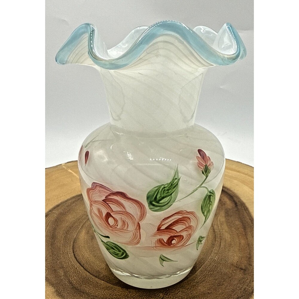 Vintage Fenton Ruffle Edge Vase White Swirl Aqua Hand Painted Pink Roses 6.2”